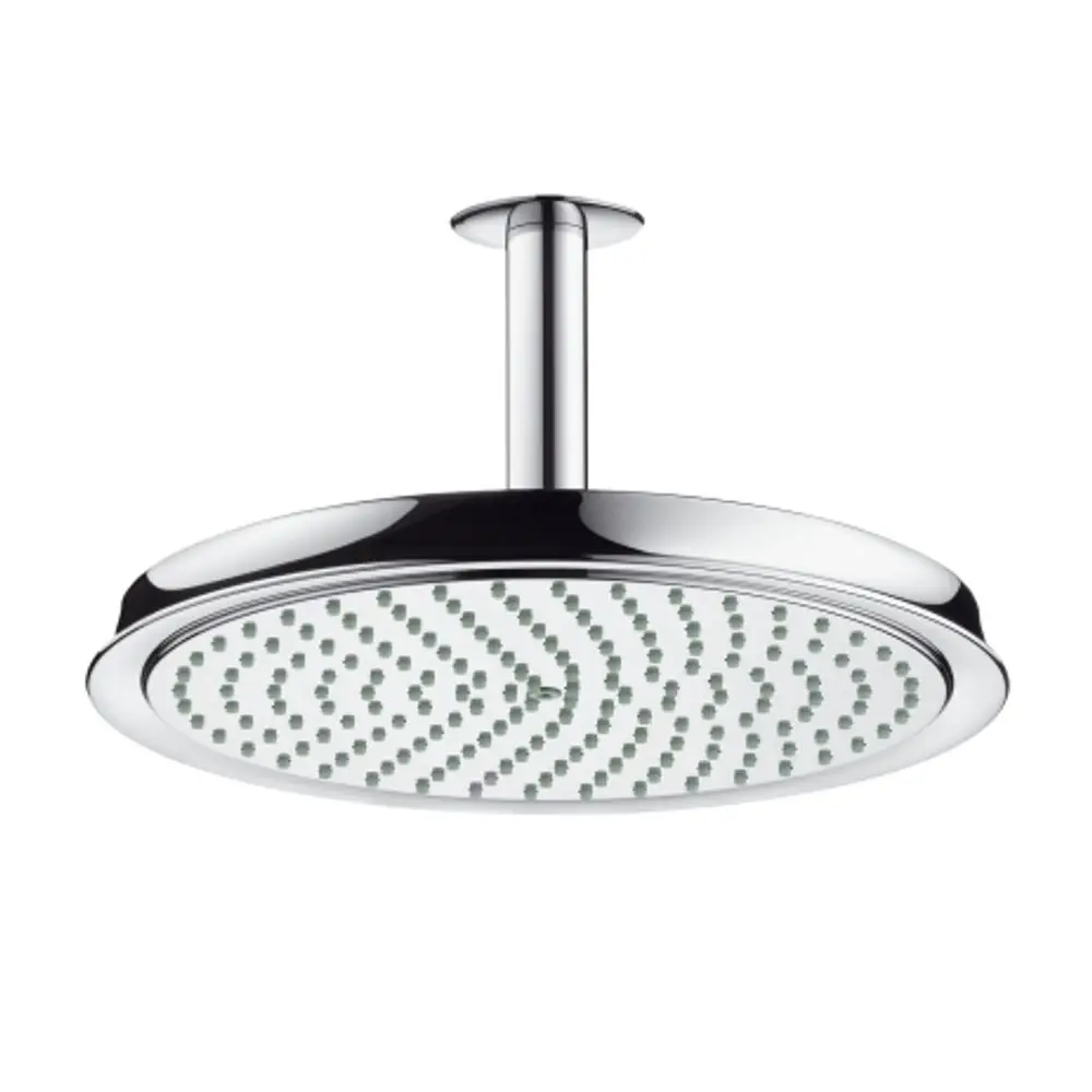 Duschkopf mit rundem, flachem Design, aus verchromtem Material, an einem Deckenelement montiert. Hansgrohe Logo ist deutlich sichtbar.